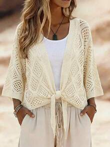 SHEIN Holidaya Trang phục mùa hè mới cho nữ, Áo khoác cardigan dệt kim màu trắng ngà dành cho nữ - Cổ chữ V, tay lỡ 3/4, họa tiết lỗ hình thoi, thắt eo kiểu buộc dây, nét quyến rũ lãng mạn phong cách boho và kiểu áo khoác ngoài thường ngày. - Màu be - Xem 6