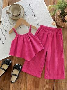 SHEIN LMoss Kids 2件套女婴纯色梭织吊带背心和裤子套装 - 玫紅色 - 查看 4