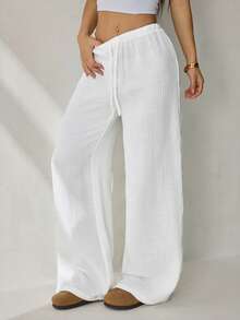 SHEIN PETITE Quần ống đứng cạp siêu thấp dành cho nữ, chất liệu cotton hữu cơ, kiểu dáng thường ngày, thích hợp cho mùa thu. - trắng - Xem 4