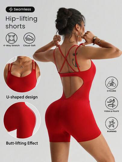 Dewbera 1 bộ áo liền quần tập yoga/thể dục không đường may, thấm hút mồ hôi, thiết kế lưng chéo, kiểu dáng cơ bản, màu đỏ