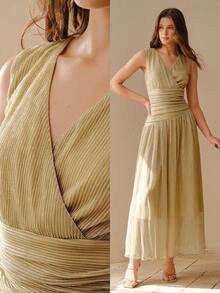 MOTF PREMIUM VESTIDO DE VERANO FRANCÉS ROMÁNTICO DE CUELLO EN V DE unicolor, ELEGANTE, CON CINTURA FRUNCIDA, AJUSTADO Y ESTILIZADO PARA MUJERES - Dorado - Ver 2