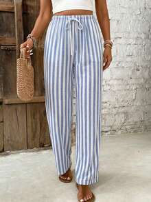 SHEIN Frenchy Casual Minimalist Style Vacation Blue & White Striped Women Elastic Waist Drawstring Loose Pants, Suitable For Spring & Summer Vacation - Multicolor - View 3