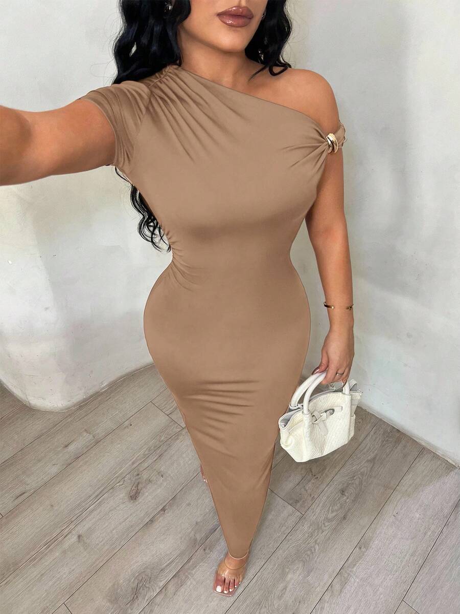 SHEIN SXY 不对称领口棕色优雅连衣裙 - 卡其色 - 查看 1