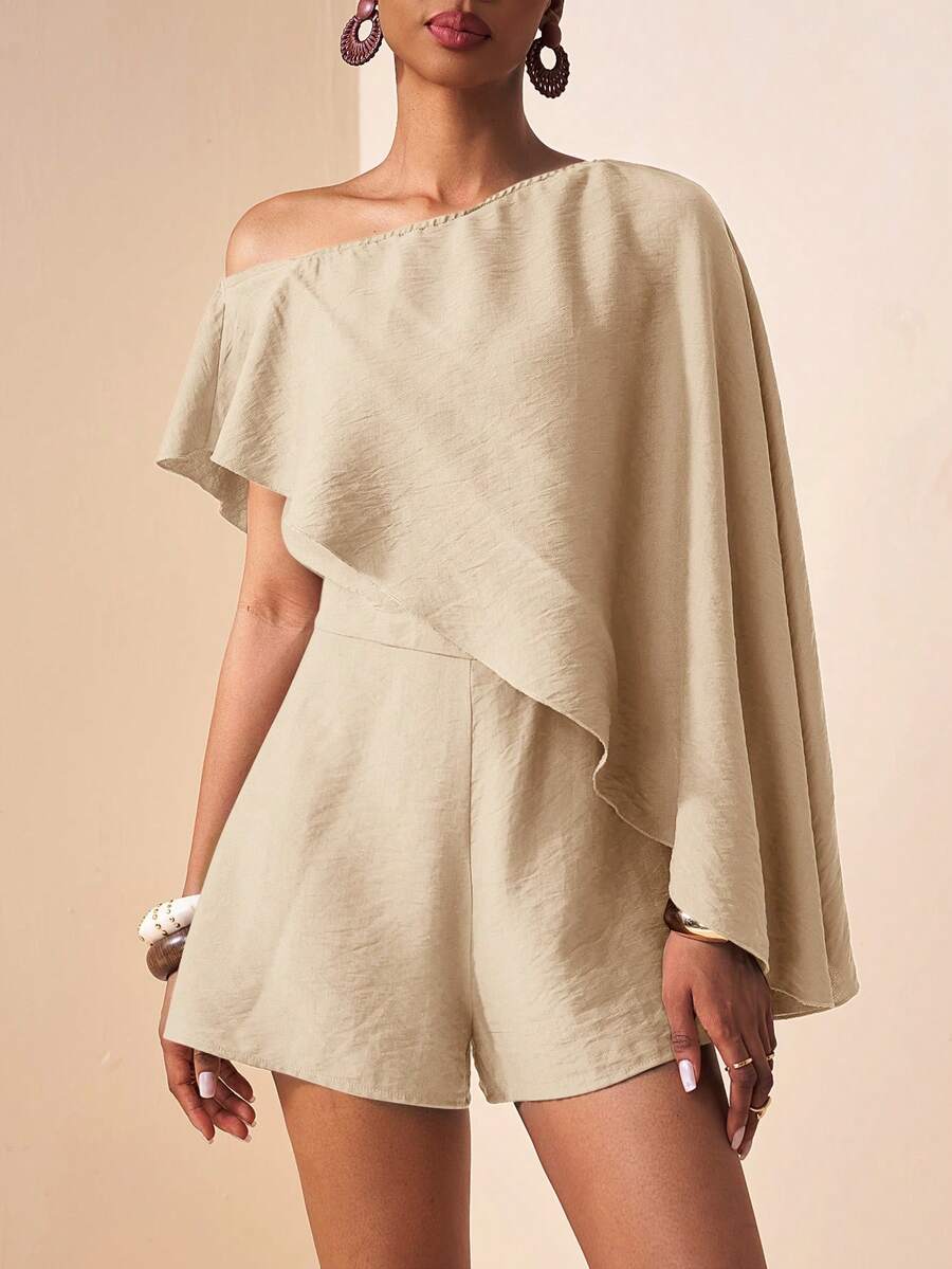 Zivah 2026春夏新款音乐节、复活节、圣帕特里克节、情人节、约会、西部风、游牧风、生日派对、毕业典礼、大学、学生、日常休闲、百搭基础款、休闲、邮轮旅行、海滩、日光浴、热门款、街头风、婚礼宾客波西米亚风、通勤、早午餐、机场、派对、假日郊游、办公装、不对称肩部飘逸连体短裤杏色连体裤 - 杏色 - 查看 1