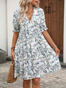 EMERY ROSE Damen Kleid mit Blume Muster, V-Ausschnitt und Rüschensaum, Urlaubsstil - Verschiedenfarbig - Übersicht 7
