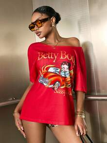 Betty Boop x SHEIN Áo thun nữ tay ngắn dáng rộng, thoải mái, đa năng. - Đỏ - Xem 7