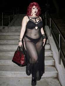 Whyspr Vestido transparente con abertura de estilo gótico oscuro para tallas grandes - Negro - Ver 1