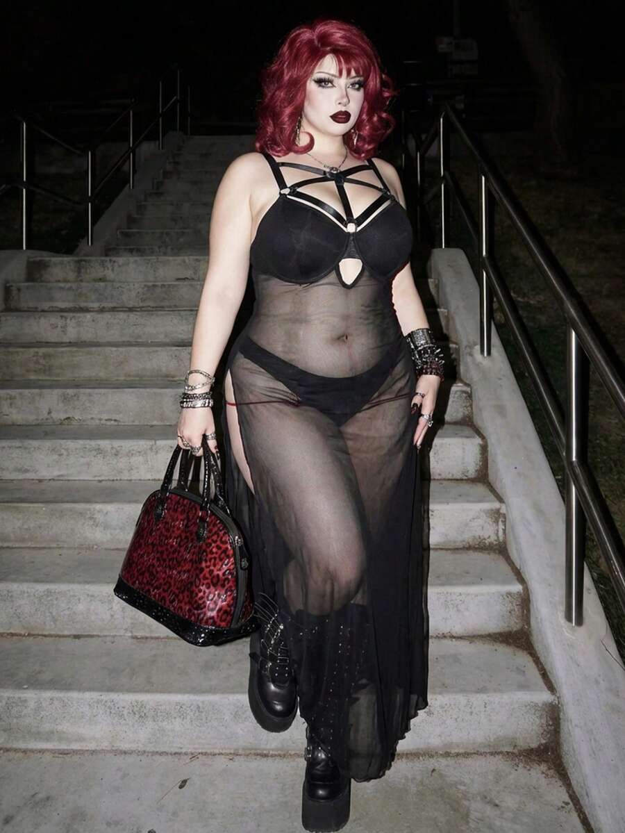 Whyspr Vestido transparente con abertura de estilo gótico oscuro para tallas grandes - Negro - Ver 1