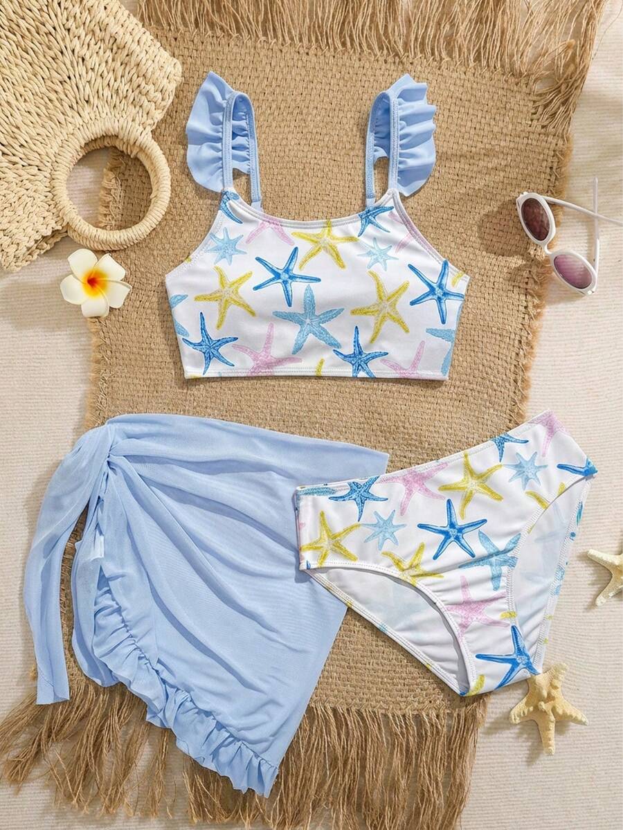 SHEIN Bộ bikini cho bé gái tuổi teen, bộ đồ bơi nhiều màu sắc dễ thương 3 mảnh () - Xanh nhạt, xanh đậm, vàng, hồng, vải dệt kim với dây đeo màu trơn, quần in họa tiết, váy quấn màu trơn, thời trang giản dị thanh lịch, phù hợp cho bơi lội, kỳ nghỉ hè, bãi biển, hồ bơi, tiệc tùng, bộ bikini đi biển cho bé gái, bộ trang phục mùa hè, bộ đồ nghỉ hè 2 mảnh, trang phục đi biển cho bé gái, bộ đồ bơi hình sao biển, trang phục nghỉ hè cho bé gái. - Màu xanh lam - Xem 1