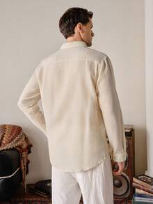 Stylish Men Apricot Semi-Sheer Polyester Shirt With Collar And Long Sleeves, Perfect For Business Boho, Fall Old Money - Apricot - View 2