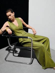 Aveloria Modichic 橄榄绿缎面无袖修身背心和高腰阔腿裤套装，金属装饰纽扣，休闲优雅通勤简约度假百搭款 - 綠色 - 查看 1