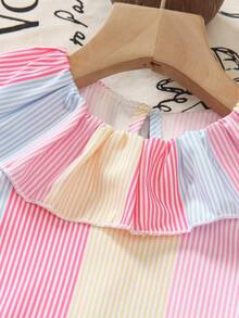 SHEIN Elladie kids 两件套女童时尚条纹无袖上衣和阔腿裤套装，适合日常通勤、休闲、春夏外出、返校季穿着。 - 彩色 - 查看 4