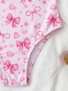 SHEIN Emery Rose Kids 少女/少女针织条纹蝴蝶结设计3D花朵连体泳衣 粉色蝴蝶结泳衣 条纹连体泳衣 粉色连体泳衣 女童泳装 - 淺粉色 - 查看 3
