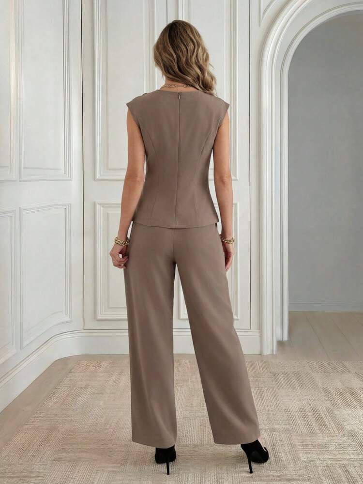 Women's Solid Color 3D Floral Decor Single-Breasted Vest And Pants Elegant 2 Pieces Set