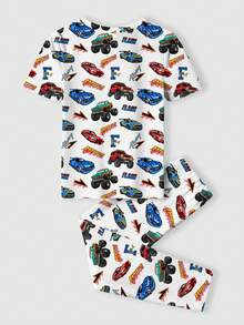 SHEIN Conjunto informal de camiseta de manga corta y pantalones con estampado de carros de carreras y diseños de buggy, de ajuste ceñido, para niño preadolescente, apropiado para verano y otoño - Multicolor - Ver 4