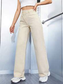 SHEIN ICON 女士休闲日常纯色不对称腰部牛仔裤 - 燧石 - 查看 3
