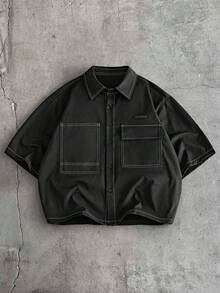 AXEPEAK Set casual estivo da uomo, composto da camicia larga con cuciture a contrasto e tasche toppe, e pantaloncini con vita con coulisse - nero - Visualizzare 7
