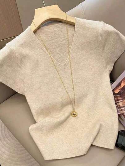 Resyla Top tricoté côtelé à col V unicolore décontracté pour femmes, printemps/été