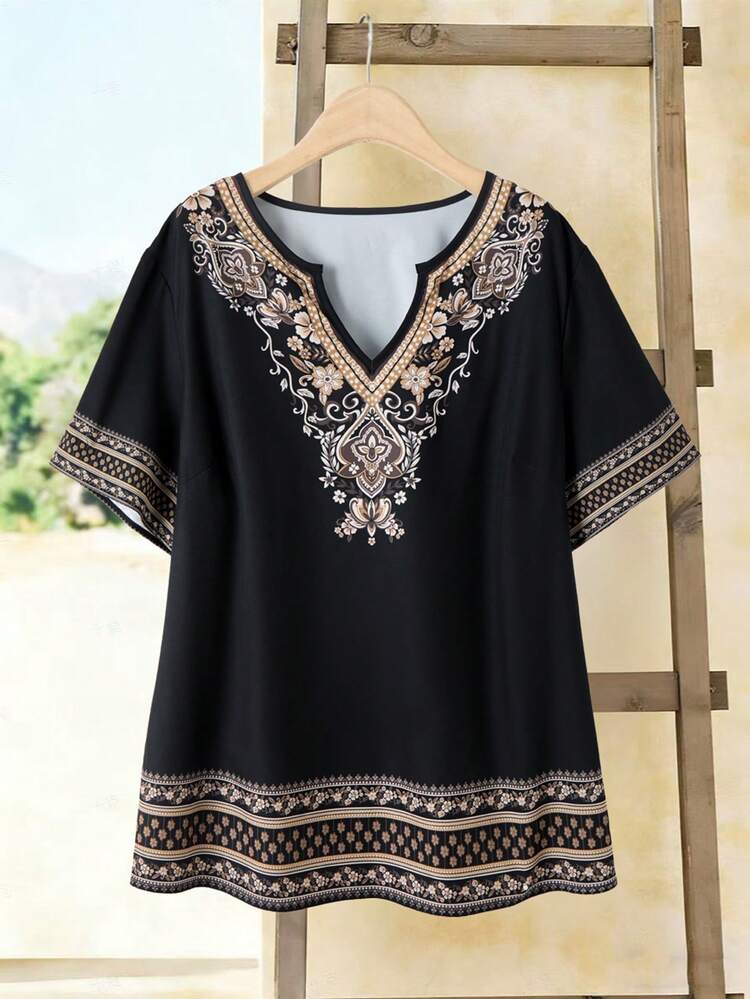 Plus Size Women Floral Print V-Neck Short Sleeve Blouse