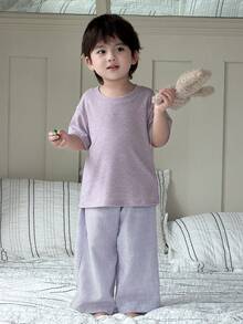 DAZY Bộ đồ ngủ kiểu Hàn Quốc cho bé trai, gồm áo thun cổ tròn và quần dài rộng rãi. - Màu tím - Xem 7