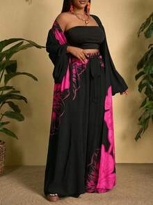 SHEIN CURVE+ Curve 尺码 US22 音乐节、海滨度假、波西米亚风女士花卉图案灯笼袖长袍和裤子宽松两件套 - 彩色 - 查看 6