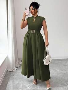 Elenzga 大码女装春夏法式浪漫西西里风优雅休闲通勤度假下午茶情人节派对纯色心形领无袖褶皱腰侧搭扣腰带收口下摆口袋长裙 - 軍綠色 - 查看 6