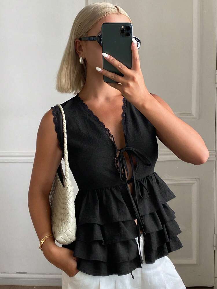 Women's Solid Color Contrast Lace Tie Ruffle Hem Elegant Vacation Summer Camisole Top