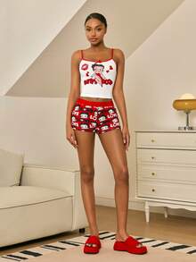 Betty Boop x SHEIN Bộ đồ ngủ nữ gồm áo hai dây và quần short có nơ trang trí - Đỏ và trắng - Xem 5