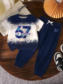 2pcs/Set 67 Numeric Graphic Print Outfit, Fashionable & Comfortable Casual Crew Neck T-Shirt + Blue Pants, Boys Short Sleeve Top & Trousers Set - Multicolor - View 6