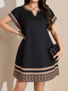 Comfylo Plus Size Women Summer Casual Notch Neck Dress - Coffee Brown - View 5