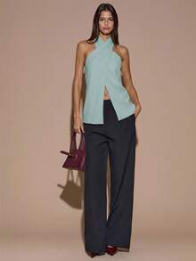 Blusa elegante de color café sólido con cuello halter sin espalda para mujer, top elegante, top con estilo de envoltura cruzada, otoño/invierno - verde menta - Ver 5