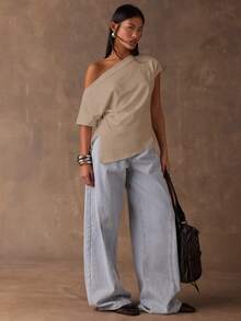 SHEIN BAE Women's Solid Color Asymmetrical Shoulder Side Slit Hem Casual T-Shirt,Summer Top - Khaki - View 5