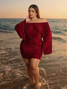 SHEIN BAE Plus Size Women's Burgundy Autumn Elegant Festa Off-Shoulder Dress,Metallic Flare Sleeve Asymmetrical Bodycon Maxi Dresses For Party Wedding Guest - Apricot - View 8