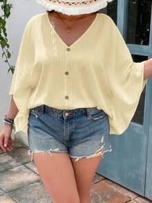 SHEIN VCAY Plus Size Textured Batwing Sleeve V-Neck Blouse Fall - Light Yellow - View 1