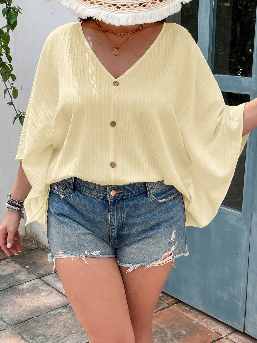 SHEIN VCAY Plus Size Textured Batwing Sleeve V-Neck Blouse Fall - Light Yellow - View 1