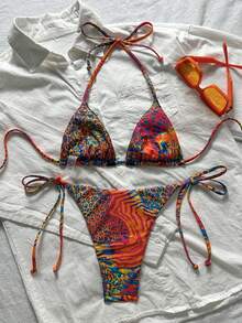 Swim Vcay 2025夏季沙滩蕾丝和随机印花拼接露背性感上衣和侧系带泳裤女士比基尼套装豹纹比基尼三角比基尼两件式比基尼 - 彩色 - 查看 2