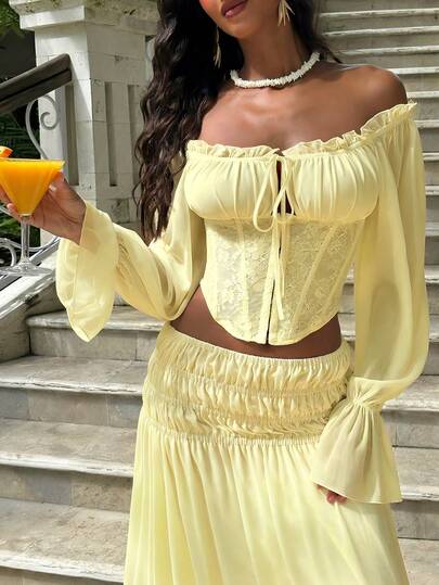 Opulessa Women's Solid Color Off Shoulder Long Sleeve Blouse, Spring/Summer Vacation