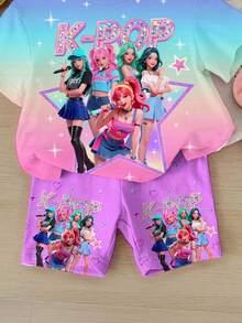 SHEIN 女婴休闲时尚彩色韩流女团字母星星印花套装，卡通人物装饰，适合节日、派对、日常穿着、演唱会等场合 - 圆领短袖T恤和短裤两件套 - 彩色 - 查看 5
