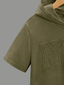 Tween Boy Letter Embossed Knit Short Sleeve Casual Hoodie T-Shirt - Army Green - View 3