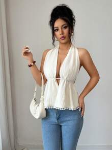 Elenzga 女士杏色编织露背吊带短款上衣，适合夏季海滩度假 - 杏色 - 查看 4