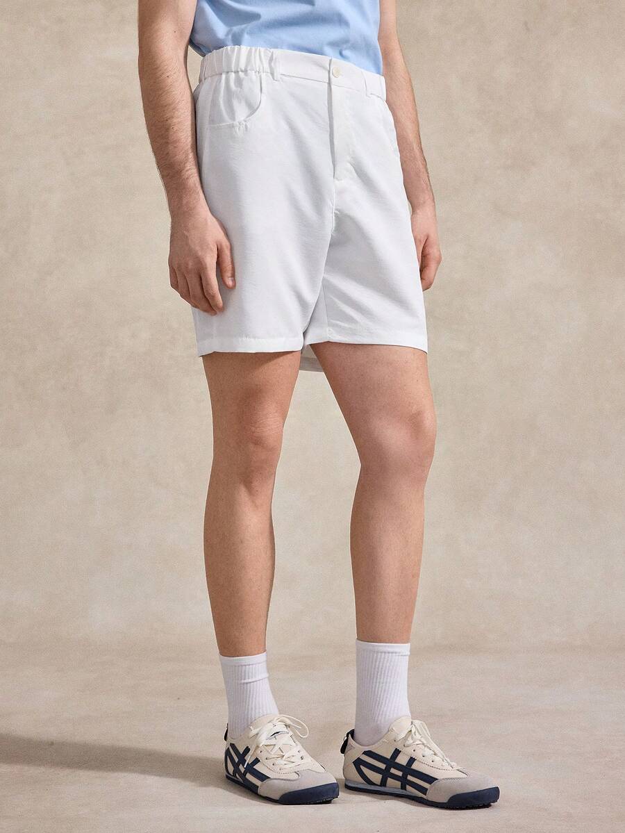 Pantaloni scurți casual din material tip in pentru bărbați, cu talie elastică și buzunar - alb - Vizualizare 1