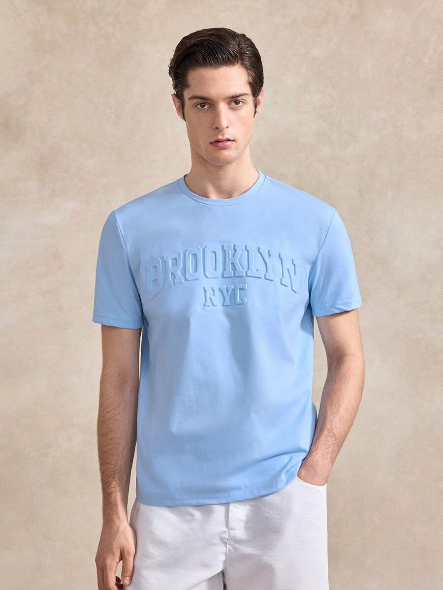 Courvante Light Blue Label 男士白色圆领 T 恤（面料） - 淺藍色 - 查看 1