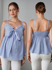 Momance Áo hai dây nữ kẻ sọc, xếp ly đôi, nơ xinh xắn, phong cách ngọt ngào cho kỳ nghỉ - Xanh và trắng - Xem 1