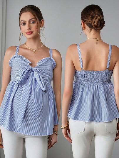 Momance 度假甜美风双层荷叶边可爱蝴蝶结条纹女式吊带背心