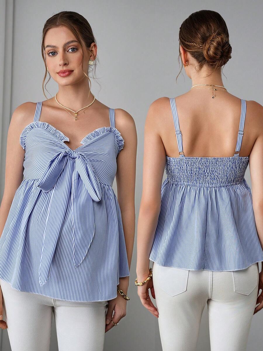 Momance Áo hai dây nữ kẻ sọc, xếp ly đôi, nơ xinh xắn, phong cách ngọt ngào cho kỳ nghỉ - Xanh và trắng - Xem 1