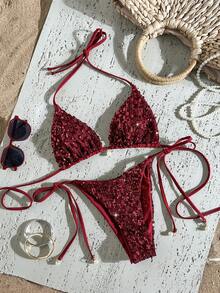 Costavie 两件式泳衣套装，采用闪亮纹理面料，珍珠装饰，挂脖三角胸罩上衣和侧系带泳裤，性感比基尼套装，适合春夏海滩度假 - 酒紅色 - 查看 7