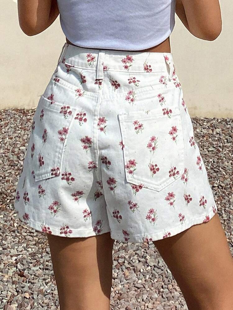 Spring & Summer Romantic Ditsy Floral Loose A-Line Straight White Casual Denim Shorts For Women