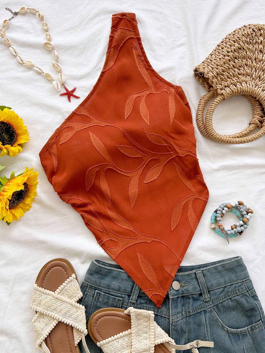 Soleia 女款不對稱單肩焦橙色紋理波西米亞花卉夏季上衣,度假海灘郵輪派對約會上衣 - 橘色 - 查看 1