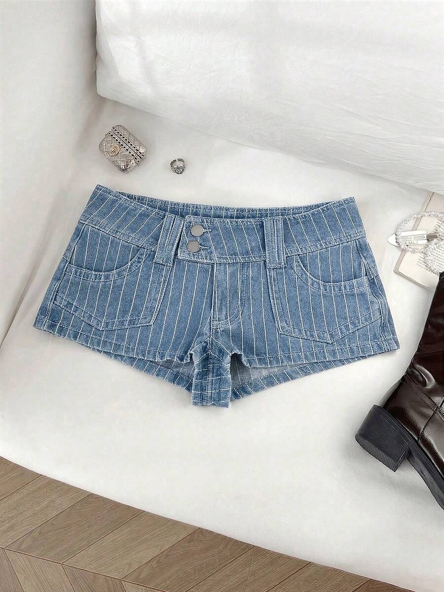 Elamini Quần short denim cạp thấp kẻ sọc có túi, kiểu dáng thường ngày, đã qua xử lý giặt. - Rửa nhẹ - Xem 1