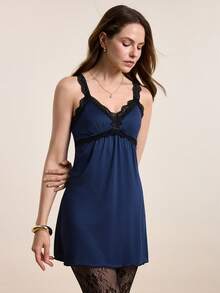 SHEIN 女士蕾丝拼布蝴蝶结休闲无袖睡裙睡衣裙 - 藏蓝色 - 查看 8